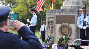 CCPL Simon Russell and LCDT Zain Carse (604 Squadron), with CFSGT Casey Dibben (608 Squadron) as Catafalque Party Commander from 6 Wing Australian Air Force Cadets honour the fallen during a Service of Commemoration to mark the 70th Anniversary of the commencement of the Malayan Emergency on 16 June 1948. Photo by Flying Officer (AAFC) Paul Rosenzweig.