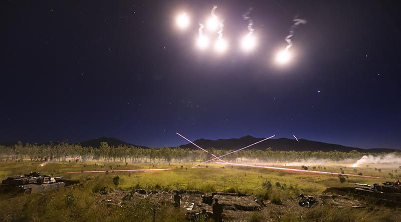 Abrams tanks and United States Marines engage targets during Exercise Diamond Strike 2018. Photo by Corporal Oliver Carter.