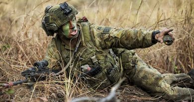 Private Alex Smith of the 6th Battalion, Royal Australian Regiment, shouts a target indication during an assault at Shoalwater Bay Training Area as part of Exercise Hamel 2018. Photo by Leading Seaman Jake Badior.