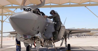 Wing Commander Darren Clare climbs out of aircraft AU 2 after conducting a training mission where his wingman Squadron Leader David Bell flew the 1000th sortie in a Royal Australian Air Force F-35A. USAF photo.