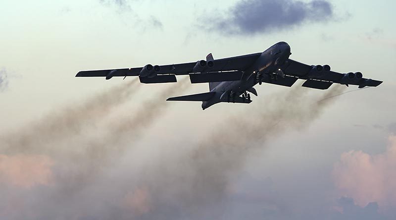 A Guam-based B-52 Stratofortress departs Anderson Air Force Base, Guam, on a training sortie over south-east Queensland (20 June 2018). US Air Force photo by Master Sergeant Richard P. Ebensberger.