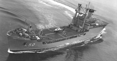 Then HMAS Tobruk conducting flight deck trials and certification in Jervis Bay in June 1981.