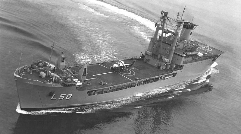 Then HMAS Tobruk conducting flight deck trials and certification in Jervis Bay in June 1981.