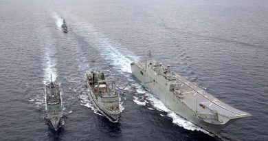 HMAS Success (centre) conducts a replenishment at sea with HMA Ships Adelaide and Melbourne, shadowed by HMAS Toowoomba, during Exercise Indo-Pacific Endeavour 2018. Photo by Able Seaman Tara Byrne.