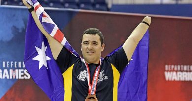 Royal Australian Air Force Pilot Officer Nathan Parker celebrates his bronze-medal performance in indoor rowing at the Warrior Games 2018 at the United States Air Force Academy, Colorado Springs in the USA. Photo by Leading Seaman Jason Tufrey.