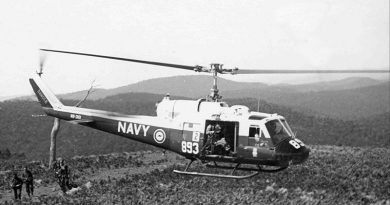 RAN UH-1 Iroquois helicopter operating in Vietnam. The ubiquitous Bell UH-1 Iroquois helicopter is still arguably the most instantly recognisable symbol of the Vietnam War. Images of the ‘helicopter war’ feature prominently in books, films and documentaries. Not so widely known is the role that was played by personnel of the RAN’s Fleet Air Arm (FAA), in a war that was heavily dependent on tactical air movement of combat troops, supplies and equipment in what were eventually called air-mobile operations. Between 1967 and 1971 the Royal Australian Navy Helicopter Flight Vietnam (RANHFV), was fully integrated with the US Army 135th Assault Helicopter Company (AHC) flying Iroquois helicopters in both the utility and gun-ship configurations. As a result of this unique relationship between the RAN and the US Army, the unit was officially designated ‘EMU’, for Experimental Military Unit. This was fitting, given that the EMU is a native Australian bird, yet amusing at the same time because of the Emu’s inability to fly. The unit later designed its own unique badge and adopted the unofficial motto ‘get the bloody job done’. In keeping with Australian Naval tradition many of the aviators also grew beards to distinguish themselves as sailors in a predominantly army environment. The 135th AHC was initially based at Vung Tau and comprised two troop lift platoons, each with eleven UH-1Ds, a gun-ship platoon with eight UH-1Cs, a maintenance platoon with a single UH-1D and a headquarters platoon. Six of the gun-ships were equipped with mini guns, rockets and machine guns. The remaining two were fitted with the XM-5 40mm grenade-launcher system, rockets and machine guns. The role of 135th AHC was to provide tactical air movement of combat troops, supplies and equipment in air-mobile operations. This included augmentation of army medical services, search and rescue and the provision of a command and control aircraft capability.