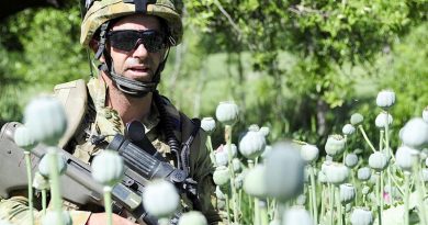 Bombardier Kelvin Groves from the First Mentoring Task Force on patrol in Baluchi Valley, Afghanistan. Photo by Sergeant Mick Davis.