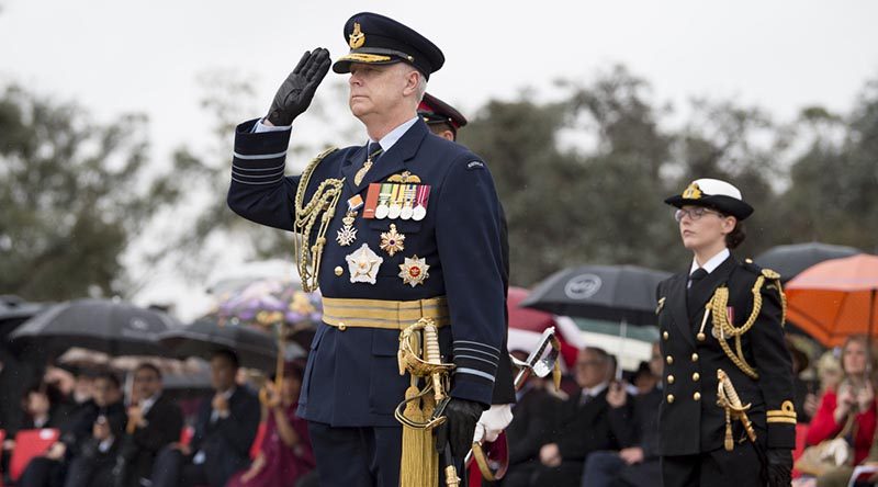 Chief of Defence Force Air Chief Marshal Mark Binskin is ceremonially received on the Queen's Birthday Parade at Rond Terrace, Canberra. The Queen’s Birthday Parade is held to celebrate the official birthday of Her Majesty Queen Elizabeth II, Queen of Australia. The parade was held at Rond Terrace on the foreshore of Lake Burley Griffin on 9 June 2018. The parade is a ceremonial Trooping of the Queen's Colour conducted by the Corps of Staff Cadets of the Royal Military College - Duntroon. Photo by Grace Costa Banson