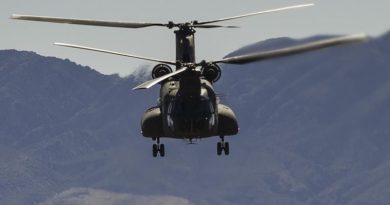 A Royal Singapore Air Force CH-47 Chinook flies over the Nevada Test and Training Range, during a Red Flag 17-2 combat search and rescue mission. USAF photo by Airman 1st Class Kevin Tanenbaum.