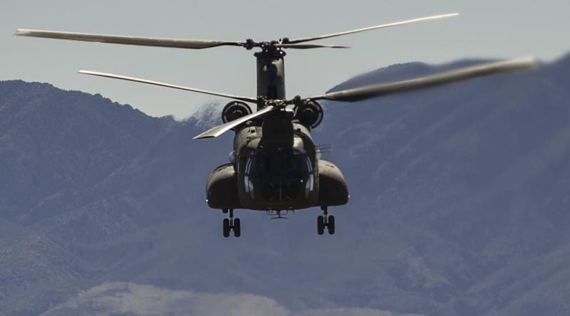 A Royal Singapore Air Force CH-47 Chinook flies over the Nevada Test and Training Range, during a Red Flag 17-2 combat search and rescue mission. USAF photo by Airman 1st Class Kevin Tanenbaum.