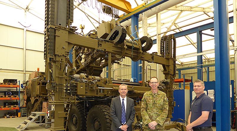 Managing Director WFEL Ian Anderton, Brigadier Ed Smeaton and WFEL DSB Launcher Integration Consultant Chris Jackson during a tour of WFEL's military bridging manufacturing facilities in Stockport, UK.