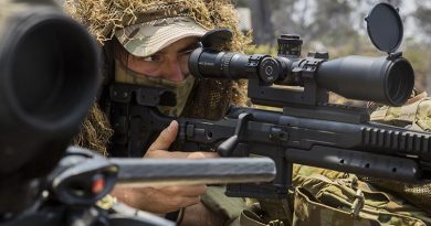 An Australian Army sniper with 2RAR (Amphib) sights in on a target with a Blaser Tactical 2 sniper rifle during live-fire training as part RIMPAC at Pohakuloa Training Area, Hawaii. US Marine Corps photo by Lance Corporal Adam Montera.