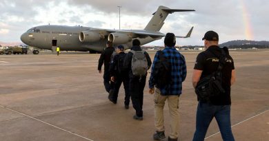 Australian Federal Police Specialist Response Group members and an official from Department of Foreign Affairs and Trade board a Royal Australian Air Force C-17A Globemaster at Canberra Airport to assist in the international search and rescue effort for children missing in a cave complex in Thailand. Photo by Sergeant Ray Vance.