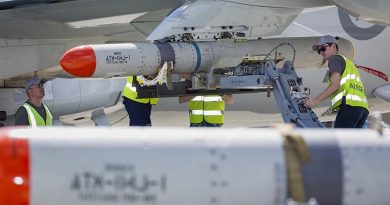 RAAF personnel load an ATM-84J Harpoon on to the port wing of a P-8A Poseidon in Hawaii during RIMPAC – with a second missile visible in the foreground. Other photos show the same personnel loading a Harpoon onto the starboard-wing pylon – indicating that the aircraft was loaded with two missiles. All Defence reporting of this flight talks about a Harpoon missile in the singular. Photo by Corporal Nicci Freeman.