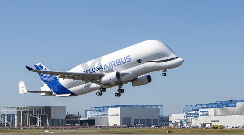 BelugaXL number 1 takes off on its maiden flight. Airbus photo by H Goussé.