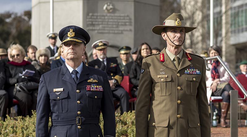 Outgoing Chief of Defence Force Air Chief Marshal Mark Binskin and incoming Chief of Defence Force General Angus Campbell during their change-of-command parade at Russell Offices, Canberra. Photo by Lauren Larking.