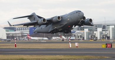 A RAAF C-17A Globemaster takes off from Canberra Airport to take the first tranche of Australian personnel and equipment to Thailand to assist in the international search-and-rescue effort for children missing at a cave complex in Chiang Rai. Photo by Sergeant Ray Vance.