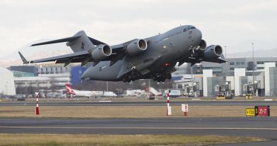 A RAAF C-17A Globemaster takes off from Canberra Airport to take the first tranche of Australian personnel and equipment to Thailand to assist in the international search-and-rescue effort for children missing at a cave complex in Chiang Rai. Photo by Sergeant Ray Vance.