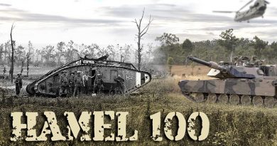 Composite image of WWI British Mk I tank at Le Hamel, France, 4 July 1918 – and a contemporary Australian Army M1A1 Abrams on Exercise Hamel, June 2018.