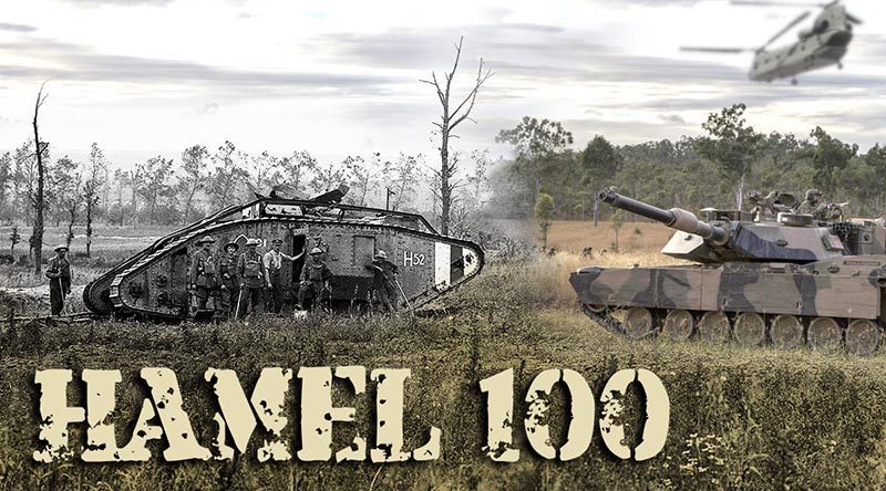Composite image of WWI British Mk I tank at Le Hamel, France, 4 July 1918 – and a contemporary Australian Army M1A1 Abrams on Exercise Hamel, June 2018.