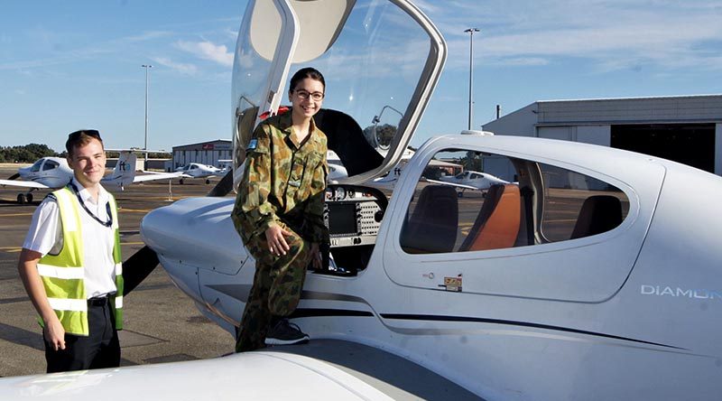 Leading Cadet Ana from 613 Squadron prepares to board her Diamond DA-40 during a Pilot Experience Flight (PEX) at Parafield Airport. Photo by Flying Officer (AAFC) Paul Rosenzweig.