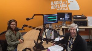 Leading Cadet Ana in the Radio Adelaide studios with ‘Service Voices’ interviewer Fiona White. Photo by Flying Officer (AAFC) Paul Rosenzweig. 