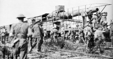 Among some 450 guns captured by the Australians in the Battle of Amiens was this 11-inch artillery piece mounted on a railway carriage, now on display in the grounds of the Australian War Memorial, Canberra.