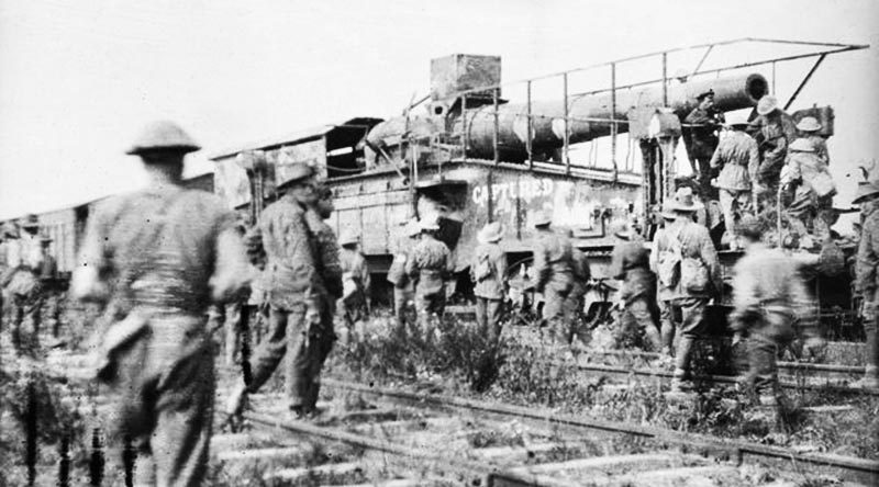 Among some 450 guns captured by the Australians in the Battle of Amiens was this 11-inch artillery piece mounted on a railway carriage, now on display in the grounds of the Australian War Memorial, Canberra.