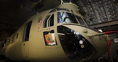 One of three new Australian Army Boeing CH-47F Chinook helicopters arrives at RAAF Base Townsville. Photo by Corporal Mark Doran.