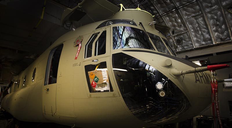 One of three new Australian Army Boeing CH-47F Chinook helicopters arrives at RAAF Base Townsville. Photo by Corporal Mark Doran.