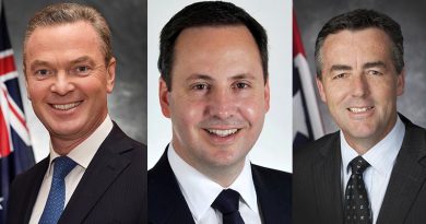 New Minister for Defence Christopher Pyne, new Minister for Defence Industry Steve Ciobo and Minister for Veterans' Affairs Darren Chester.