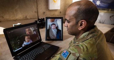 Australian Army officer Major Varun Singh talks to family in Australia via Skype from the Taji Military Complex, Iraq. Photo by Corporal David Said.