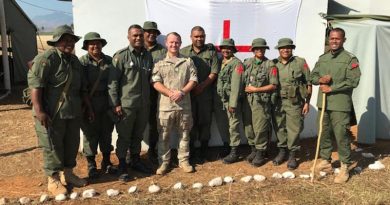 Warrant Officer Class 2 Daymon Wickens (fifth from left) with personnel from the Republic of Fiji Military Forces Peacekeeping School. NZDF photo.