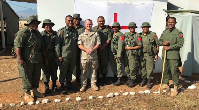 Warrant Officer Class 2 Daymon Wickens (fifth from left) with personnel from the Republic of Fiji Military Forces Peacekeeping School. NZDF photo.