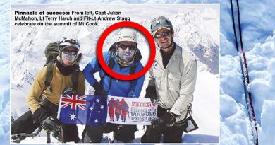 Lieutenant Terry Harch (centre) on top of Mt Cook in New Zealand. Image from ARMY newspaper.