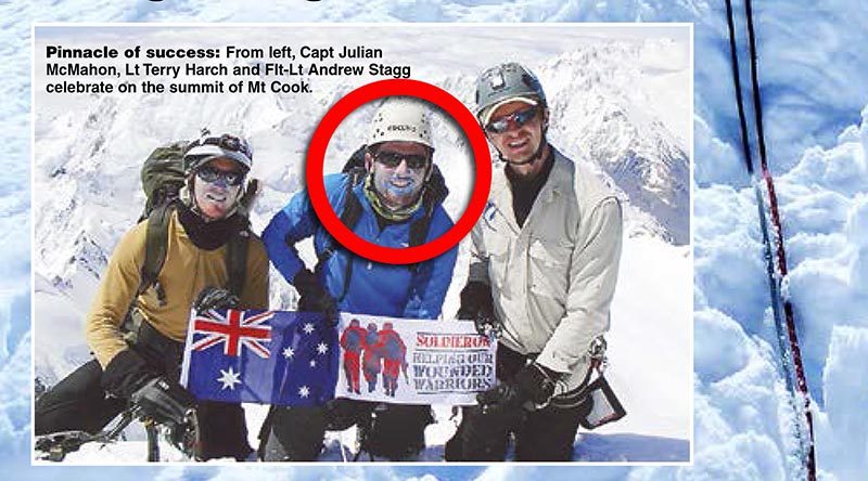 Lieutenant Terry Harch (centre) on top of Mt Cook in New Zealand. Image from ARMY newspaper.