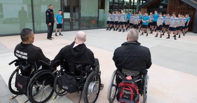 NZDF Invictus Games team members are welcomed to Rolleston College, before talking to students about the healing power of sport. NZDF photo.
