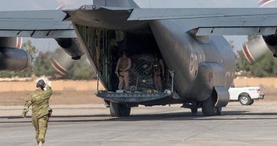 A Royal New Zealand Air Force C-130 Hercules delivers supplies for coalition troops based at Iraq’s Camp Taji. Photo by Corporal Anita Gill.