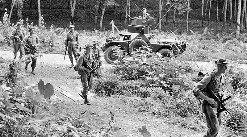 Members of B Company 2 RAR go on a patrol in Perak in 1956. AWM photo HOB/56/0751/MC via anzacportal.dva.gov.au