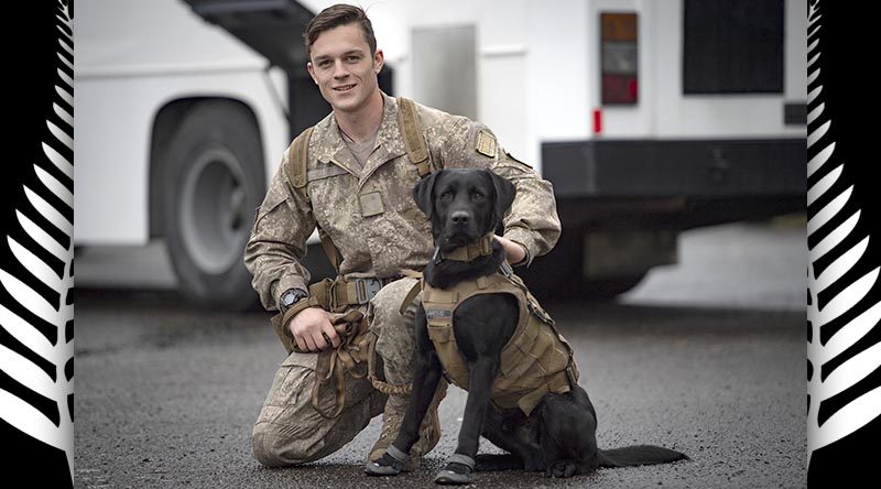 Sapper S O'Keeffe with his explosive detection dog Inky. Both graduated today from an all-of-NZ-government counter explosive hazards (CEH) and explosive detector dog programme. NZDF photo.