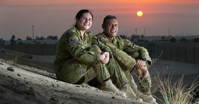 Australian Army soldiers Private Nikita Rounds and her father Sergeant Joseph Rounds catch up in the Middle East while concurrently deployed on operations in the region. Photo by Petty Officer Andrew Dakin.