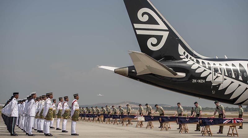 The reamins of 26 New Zealand Defence Force personnel and one child repatriated from Malaysia have been farewelled during a ceremony in Kuala Lumpur. NZDF photo.