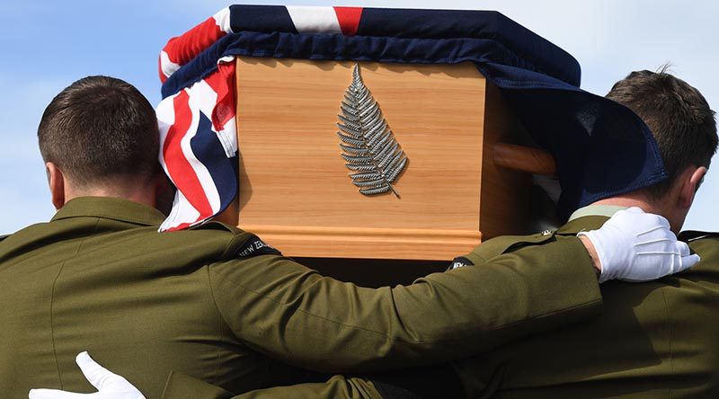 A coffin containing the remains of a New Zealand soldier is returned to his family at Auckland International Airport. NZDF photo. This was part of an ongoing known as Project Te Auraki (The Return).