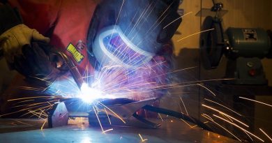 Royal Australian Air Force ground mechanic engineer Leading Aircraftman Luke Coghlan, from Combat Support Unit, welding in the Mechanical and Electrical Operations Maintenance Section (MEOMS) workshop at Australia’s main logistics base in the Middle East Region. Photo by Corporal Oliver Carter.