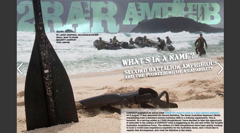 First pages of a major CONTACT Magazine spread on 2RAR (Amphib), from December 2017.