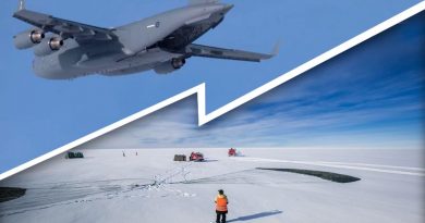 Casey research station expeditioners collect the cargo from the airdrop. Photos by Dominic Hall, Australian Antarctic Division (composite image by CONTACT).
