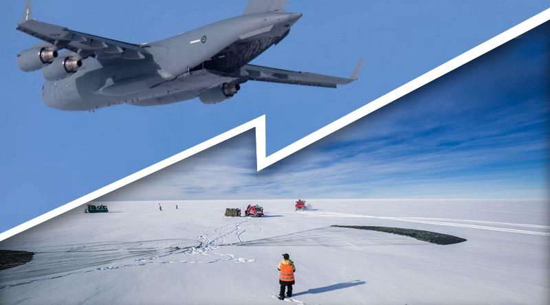 Casey research station expeditioners collect the cargo from the airdrop. Photos by Dominic Hall, Australian Antarctic Division (composite image by CONTACT).