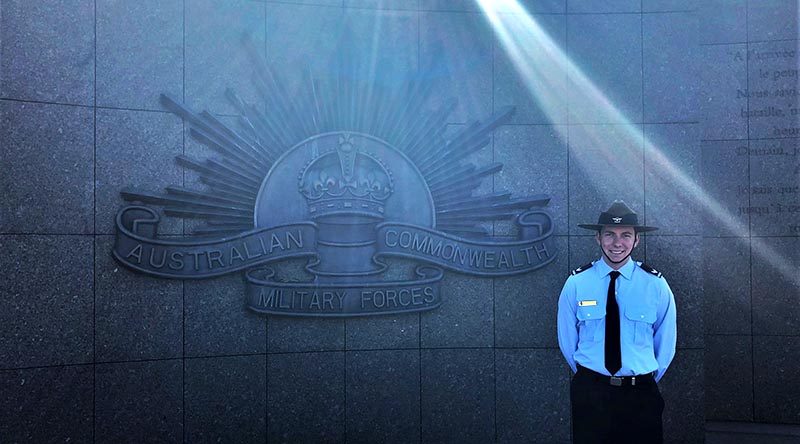 AAFC Cadet Corporal Breydon Verryt-Reid at the Le Hamel Australian Memorial, France.