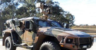 In July 2018 the R150 was succesfully integrated into a Hawkei vehicle (pictured) and conducted live fire stationary and moving shots. EOS photo.