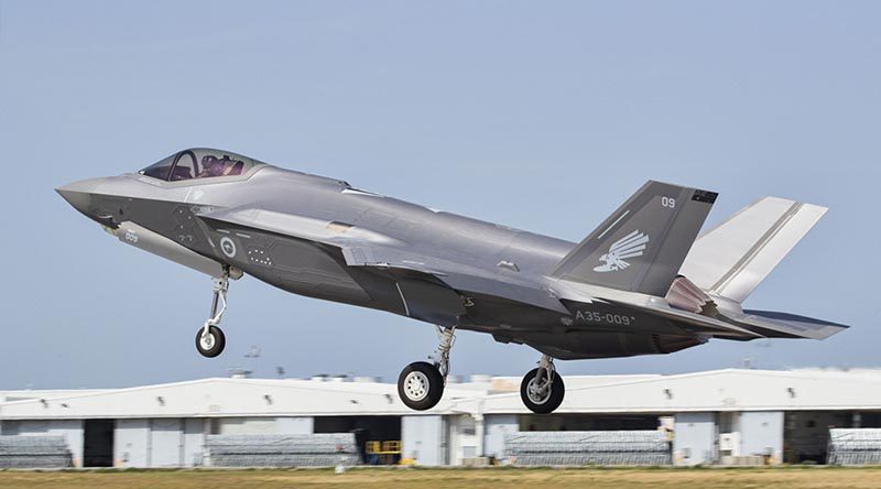 Royal Australian Air Force F-35A Joint Strike Fighter, A35-009, taking off from Luke Air Force Base, Arizona. USAF photo.